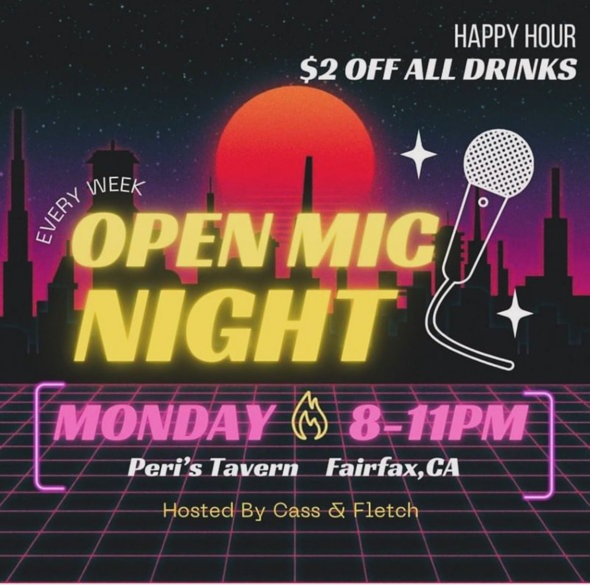 OPEN MIC hosted by Cass and Fletch every Monday 8-11pm. Drink Specials etc. Free. 