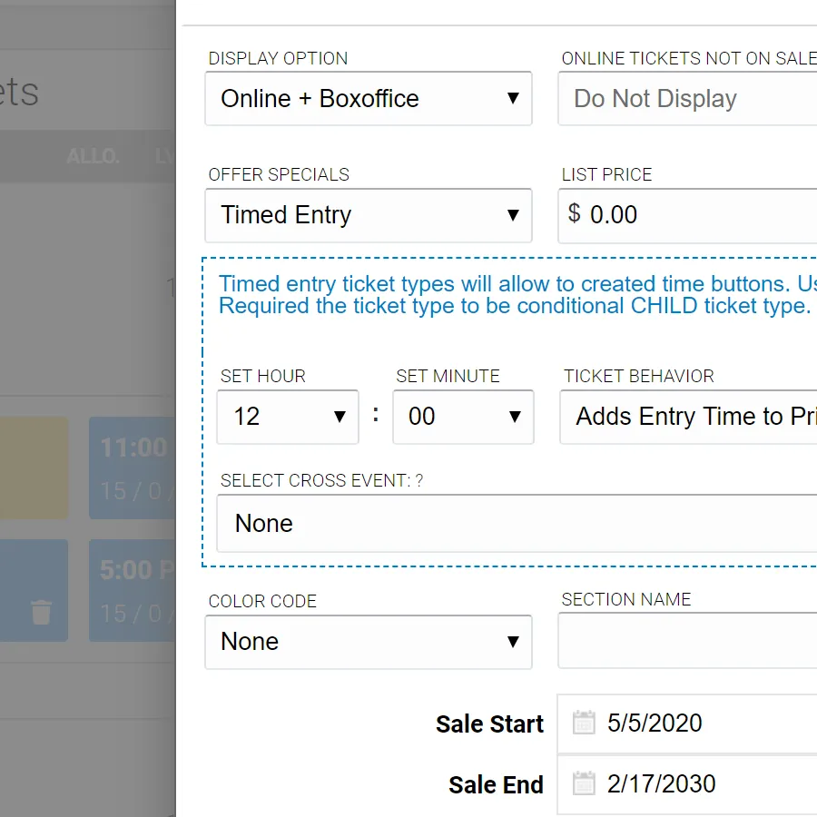 timed ticketing VBO Tickets settings